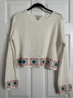 Sincerly Jules Crochet Crop Sweater with Teal & Pink Accents